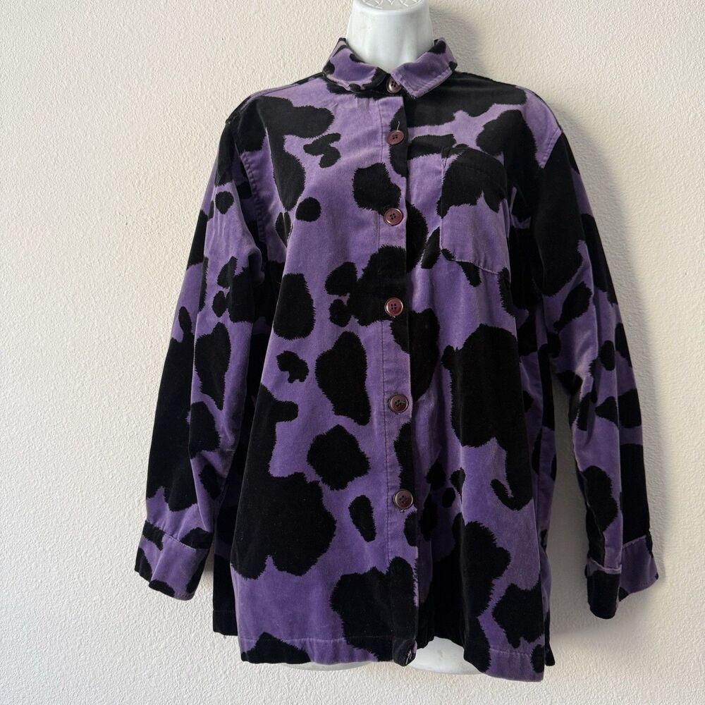 True Grit Big Shirt Shacket Size S Purple Black Cow Print Button Front Velvet